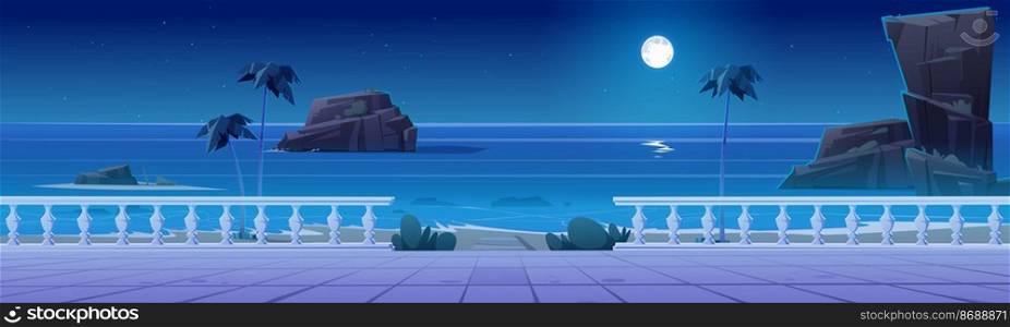 Summer seafront on tropical beach at night. Ocean shore landscape with empty promenade, rocks in water and moon in sky. Vector cartoon illustration of quay with white balustrade and palm trees. Summer seafront on tropical beach at night