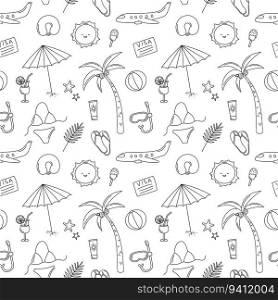 Summer seamless black and white doodles pattern. Vector vacation background. Funny hand drawn travel elements.. Summer seamless black and white doodles pattern. Vector vacation background. Funny hand drawn travel elements