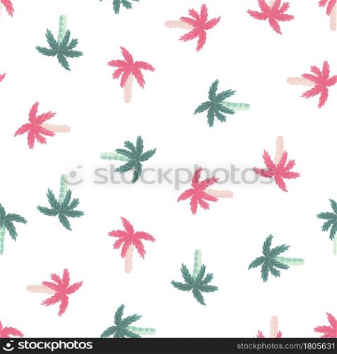 Summer seamless doodle pattern with blue and pink palm tropic ornament. White background. Isolated print. Designed for fabric design, textile print, wrapping, cover. Vector illustration.. Summer seamless doodle pattern with blue and pink palm tropic ornament. White background. Isolated print.
