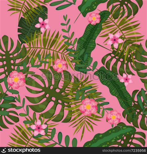Summer seamless exotic floral tropical palm, banana leaves. Summer seamless exotic floral tropical palm, banana leaves. Pattern vector seamless on the pink background. Plant flower nature wallpaper, isolated