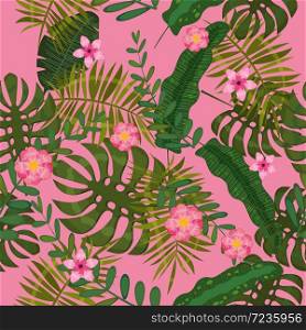 Summer seamless exotic floral tropical palm, banana leaves. Summer seamless exotic floral tropical palm, banana leaves. Pattern vector seamless on the pink background. Plant flower nature wallpaper, isolated