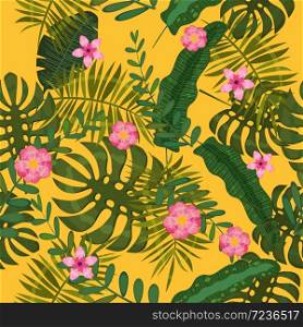 Summer seamless exotic floral tropical palm, banana leaves. Summer seamless exotic floral tropical palm, banana leaves. Pattern vector seamless on the yellow background. Plant flower nature wallpaper, isolated