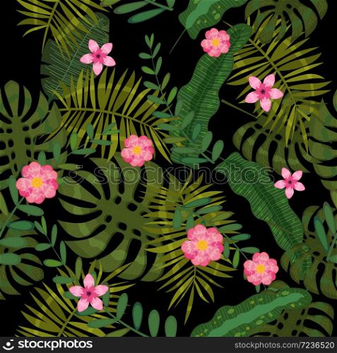 Summer seamless exotic floral tropical palm, banana leaves. Summer seamless exotic floral tropical palm, banana leaves. Pattern vector seamless on the black background. Plant flower nature wallpaper, isolated
