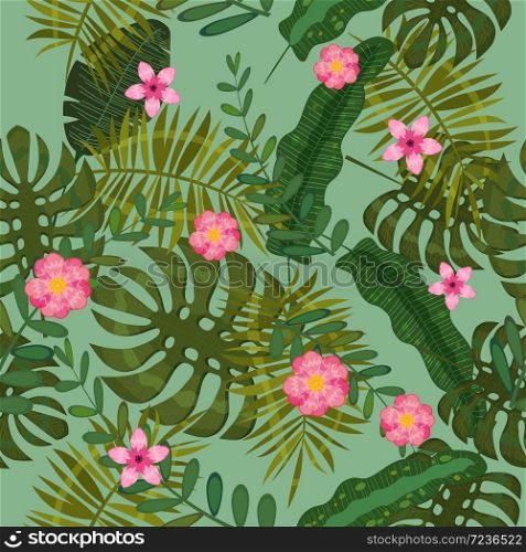 Summer seamless exotic floral tropical palm, banana leaves. Summer seamless exotic floral tropical palm, banana leaves. Pattern vector seamless on the green background. Plant flower nature wallpaper, isolated