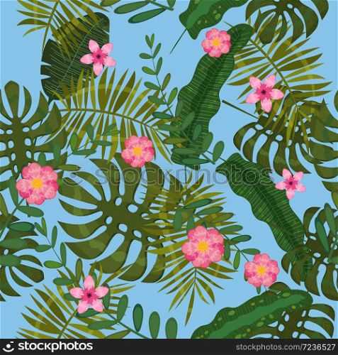 Summer seamless exotic floral tropical palm, banana leaves. Summer seamless exotic floral tropical palm, banana leaves. Pattern vector seamless on the blue background. Plant flower nature wallpaper, isolated