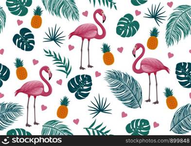 Summer seamless pattern of flamingo and tropical leaves vector illustration