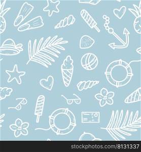 Summer seamless pattern theme relaxation. Tourism, travel and vacation background. White silhouettes objects on blue background. Print for textile, fabric, packaging, design vector illustration. Summer seamless pattern theme relaxation