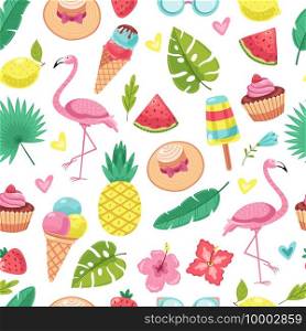 Summer seamless pattern. Tropical Flamingo, ice cream and pineapple, leaves and cocktail, watermelon, flowers vector texture. Flamingo and pineapple pattern, flower and watermelon illustration. Summer seamless pattern. Tropical Flamingo, ice cream and pineapple, leaves and cocktail, parrot and watermelon, flowers vector texture