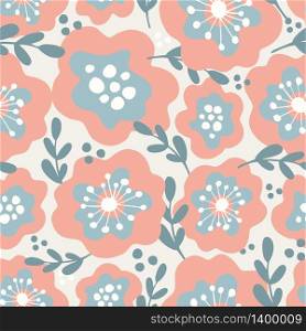 Summer seamless pattern with abstract doodle flowers and leaves.. Summer seamless pattern with flowers and leaves.