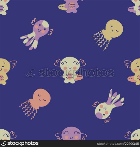 Summer seamless pattern with axolotls, octopus and jellyfish. Perfect for T-shirt, textile and print. Hand drawn vector illustration for decor and design.