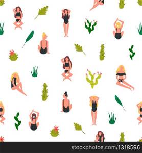 Summer seamless pattern with beautiful girls in swimsuits and cacti. Holiday summer time vector illustration. Summer seamless pattern with beautiful girls