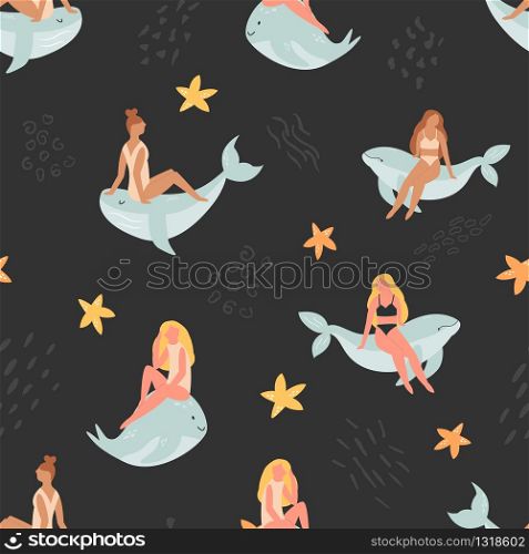 Summer seamless pattern with beautiful girls in swimsuits and whales. Holiday vector illustration. Summer seamless pattern with attractive girls