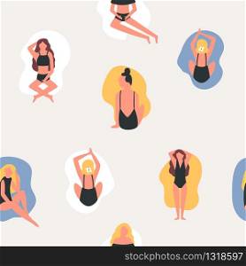 Summer seamless pattern with beautiful girls in swimsuits Holiday summertime vector illustration.. Summer seamless pattern with attractive girls