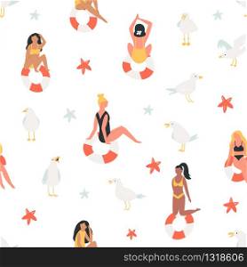 Summer seamless pattern with beautiful girls in swimsuits. Holiday vector illustration. Summer seamless pattern with beautiful girls