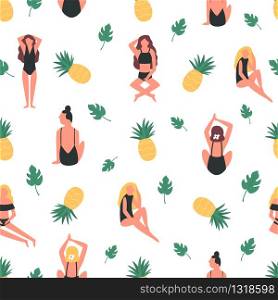 Summer seamless pattern with beautiful girls in swimsuits, pineapples and palm leaves. Holiday vector illustration. Summer seamless pattern with beautiful girls
