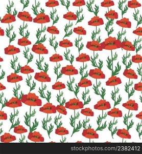 Summer seamless pattern with bright red poppy flowers and poppy pods. Field, meadow of poppies.. Summer seamless pattern with bright red poppy flowers and poppy pods. Field, meadow of poppies