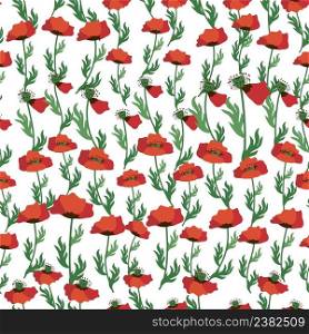 Summer seamless pattern with bright red poppy flowers and poppy pods. Field, meadow of poppies.. Summer seamless pattern with bright red poppy flowers and poppy pods. Field, meadow of poppies