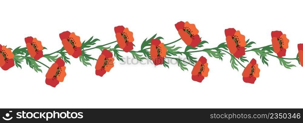 Summer seamless pattern with bright red poppy flowers and poppy pods. Garland, flower border.. Summer seamless pattern with bright red poppy flowers and poppy pods. Garland, flower border
