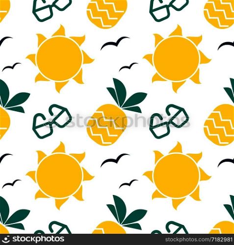 Summer seamless pattern with bright sun and pineapple. Glasses and birds in endless texture. Seasonal ornament in yellow and green colors cartoon flat vector illustration on white background.. Summer seamless pattern with bright sun and pineapple