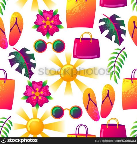 Summer seamless pattern with colorful elements. Sun, palm leaves and shopping bags. Summer seamless pattern with colorful elements. Sun, palm leaves and shopping bags.