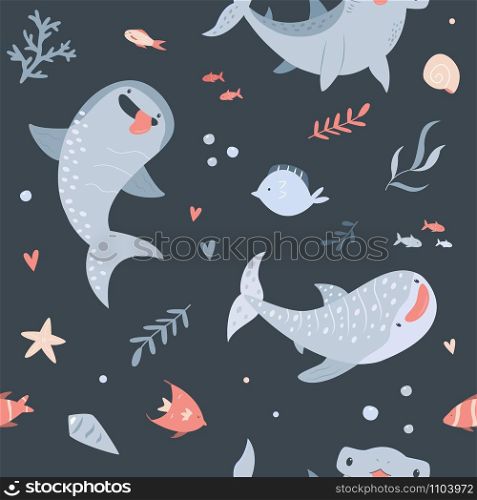 Summer seamless pattern with cute hand drawn funny sharks. Animal characters for wallpapers, background fill, wrapping paper, decoration. Summer seamless pattern with hand drawn sharks