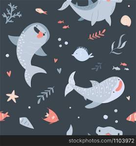 Summer seamless pattern with cute hand drawn funny sharks. Animal characters for wallpapers, background fill, wrapping paper, decoration. Summer seamless pattern with hand drawn sharks