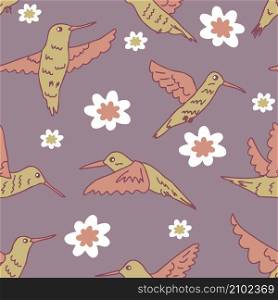 Summer seamless pattern with doodle hummingbirds and flowers. Perfect for T-shirt, textile and print. Hand drawn vector illustration for decor and design.