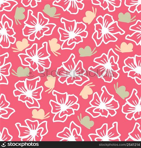 Summer seamless pattern with flowers and butterflies in 70s style. Floral groovy background for textile, T-shirt and print. Doodle vector illustration for decor and design.