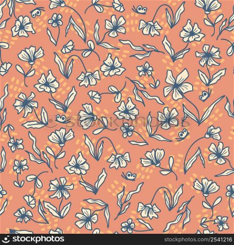 Summer seamless pattern with flowers and butterflies on spotted background. Floral print for textile, T-shirt, stationery and paper in 70s style. Doodle vector illustration for decor and design.