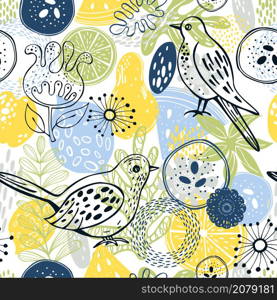 Summer seamless pattern with hand drawn doodle flowers, fruits and birds. Vector illustration.