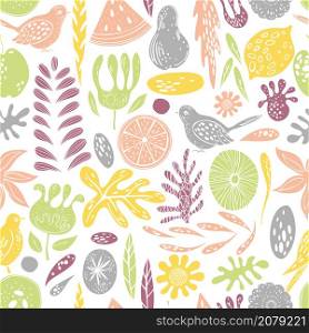 Summer seamless pattern with hand drawn doodle flowers, fruits and birds. Vector illustration.