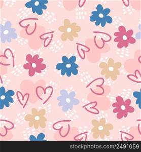 Summer seamless pattern with hearts and daisy on spotted background. Romantic hippie aesthetic print for fabric, paper, T-shirt. Doodle vector illustration for decor and design.
