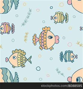 Summer seamless pattern with kawaii doodle fishes. Perfect print for tee, textile, paper and fabric. Hand drawn vector illustration for decor and design.