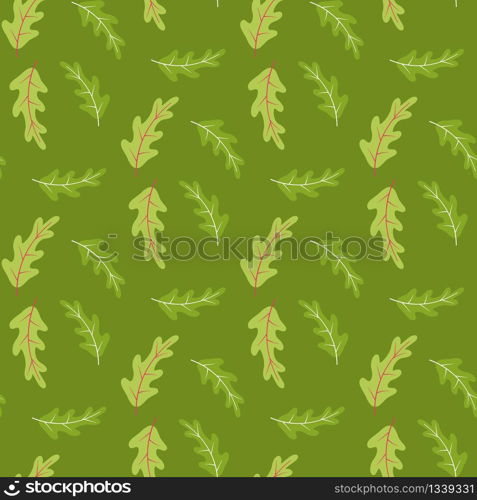Summer Seamless Pattern with Oak Leaves in Green Tones. Cartoon Floral Textile. Flat Natural Wallpaper Template. Herbal Surface. Summertime Decoration for Poster and Cover. Vector Illustration. Summer Seamless Pattern with Oak Leaves on Green