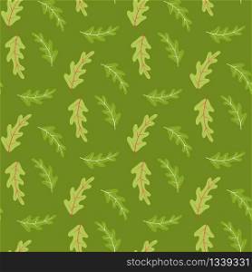 Summer Seamless Pattern with Oak Leaves in Green Tones. Cartoon Floral Textile. Flat Natural Wallpaper Template. Herbal Surface. Summertime Decoration for Poster and Cover. Vector Illustration. Summer Seamless Pattern with Oak Leaves on Green
