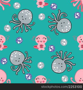 Summer seamless pattern with octopus and axolotls in the sea. Perfect for T-shirt, textile and print. Hand drawn vector illustration for decor and design.