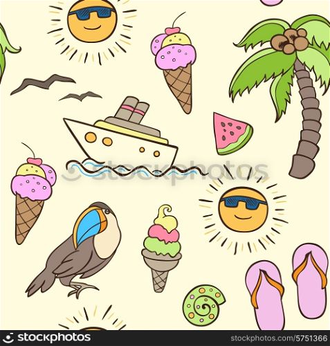 Summer seamless pattern with palm and boat