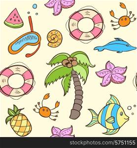 Summer seamless pattern with palm, fish and lifebuoy