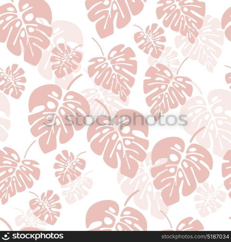 Summer seamless pattern with pink monstera palm leaves on white background, vector illustration