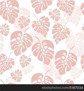 Summer seamless pattern with pink monstera palm leaves on white background, vector illustration