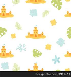 Summer seamless pattern with sand castle, shells, corals and tropical leaves on white background. Vector illustration in flat style for design, wallpaper, wrapping paper, fabric
