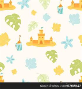 Summer seamless pattern with sand castle, shells, corals on white background. Vector illustration in flat style for design, wallpaper, wrapping paper, fabric