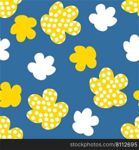 Summer seamless pattern with simple spotted flowers. Retro floral print for fabric, paper, T-shirt in 1970s style. Groovy vector background for decor and design.