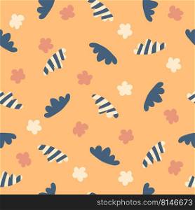 Summer seamless pattern with striped clouds and simple flowers. Perfect print for fabric, textile and stationery. Hand drawn vector illustration for decor and design.