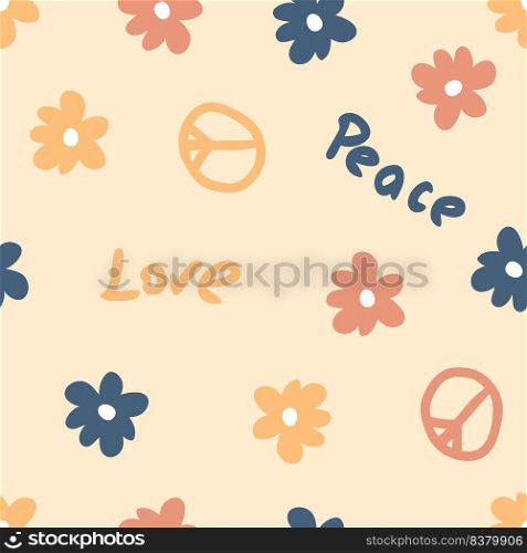 Summer seamless pattern with symbol of peace, flowers and text. Simple floral print for T-shirt, textile, fabric. Hand drawn vector illustration for decor and design.