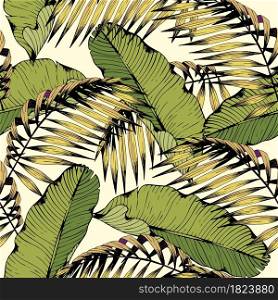 Summer seamless pattern with tropical leaves and branches. Vector decorative background for design and decoration of textiles, clothing, accessories, wallpaper, curtains, covers, cases, and packaging. Summer seamless pattern with tropical leaves and branches. Vector decorative background for design