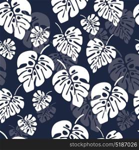 Summer seamless pattern with white monstera palm leaves on blue background, vector illustration