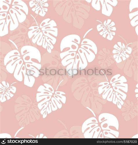 Summer seamless pattern with white monstera palm leaves on pink background, vector illustration