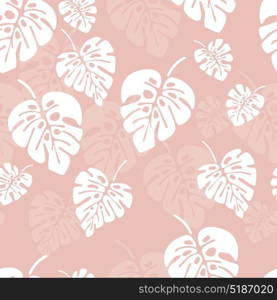 Summer seamless pattern with white monstera palm leaves on pink background, vector illustration