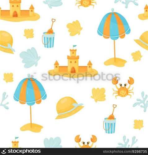 Summer seamless pattern with with sand castle, sun umbrella, shell, crab and straw hat on white background. Vector illustration in flat cartoon style for design, wallpaper, wrapping paper, fabric